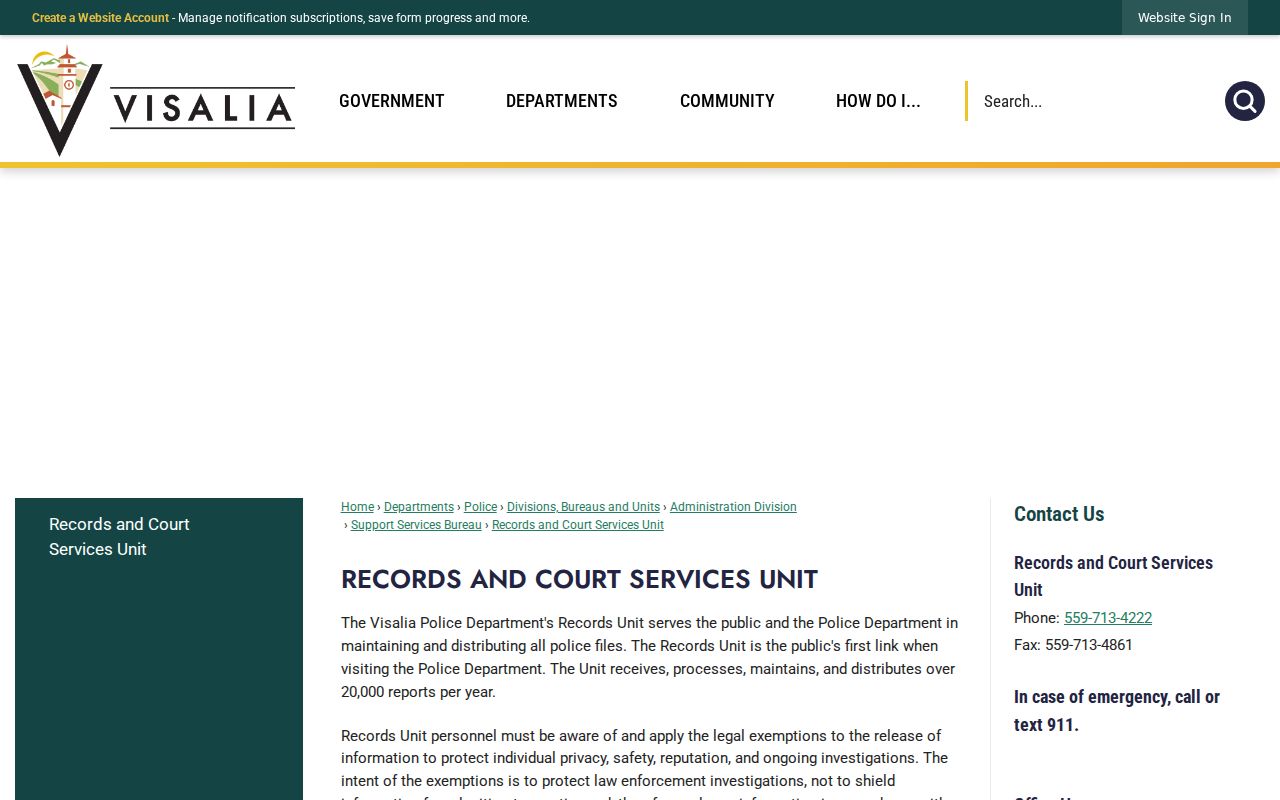 Visalia criminal history Police Records Unit page