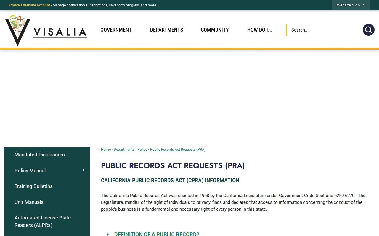 Visalia criminal history Police PRA request page