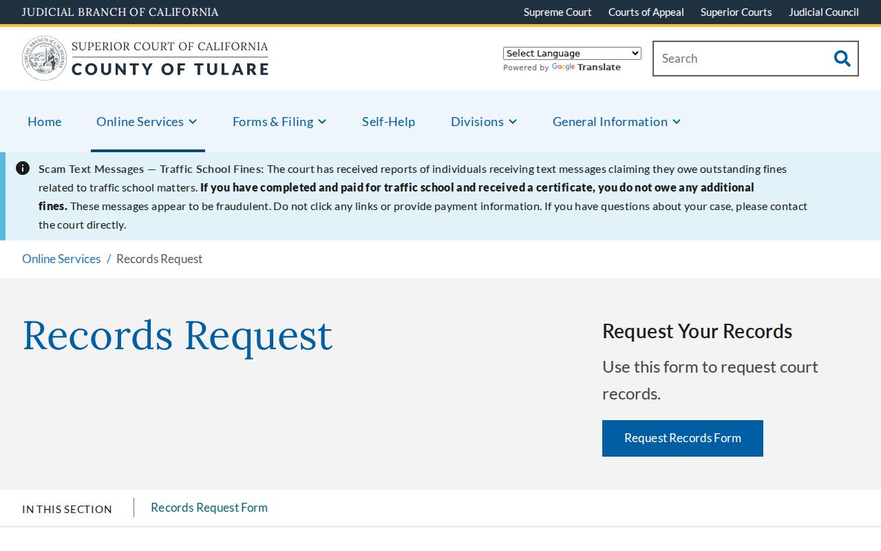 Tulare County criminal history court records request