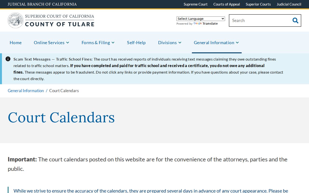 Tulare County criminal court calendar and live docket access