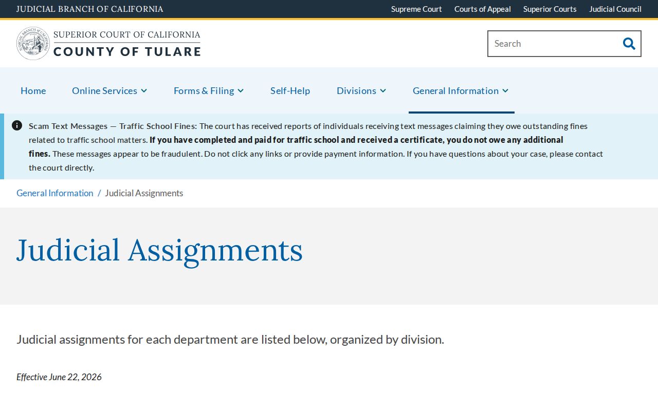 Tulare County criminal court judicial assignments