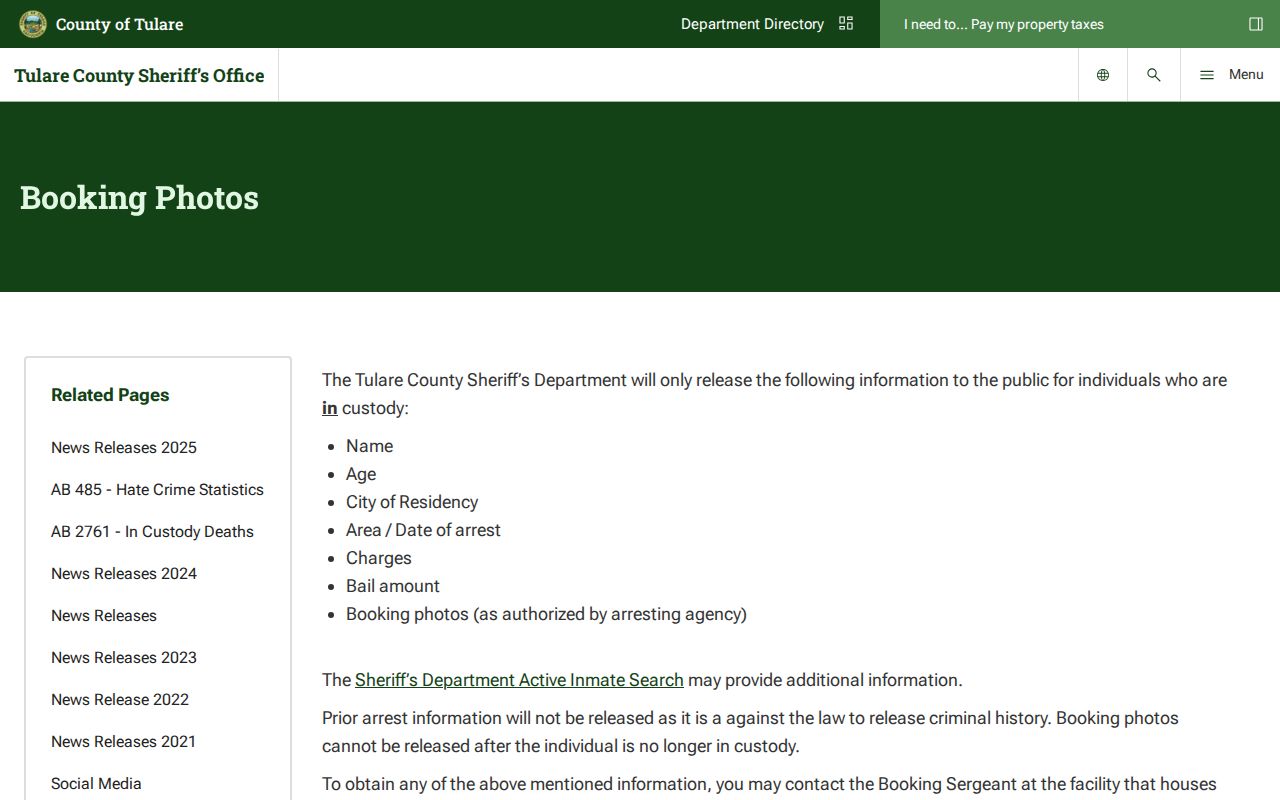 Tulare County arrest booking photo release policy
